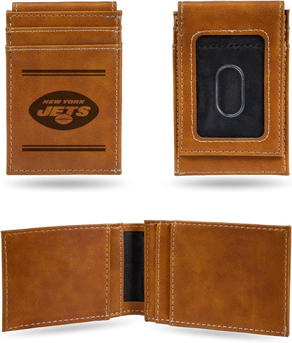 New York Jets Premium Brown Leather Wallet, Front Pocket Magnetic Money Clip, Laser Engraved, Vegan