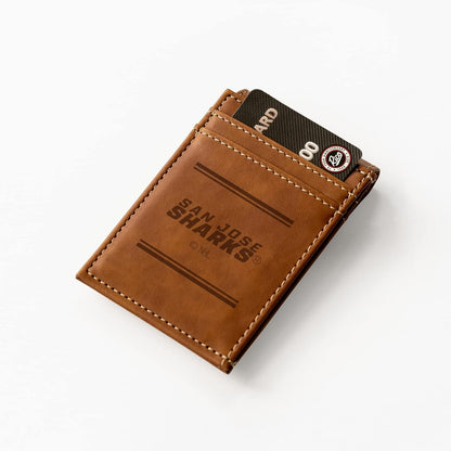 San Jose Sharks Premium Brown Leather Wallet, Front Pocket Magnetic Money Clip, Laser Engraved, Vegan