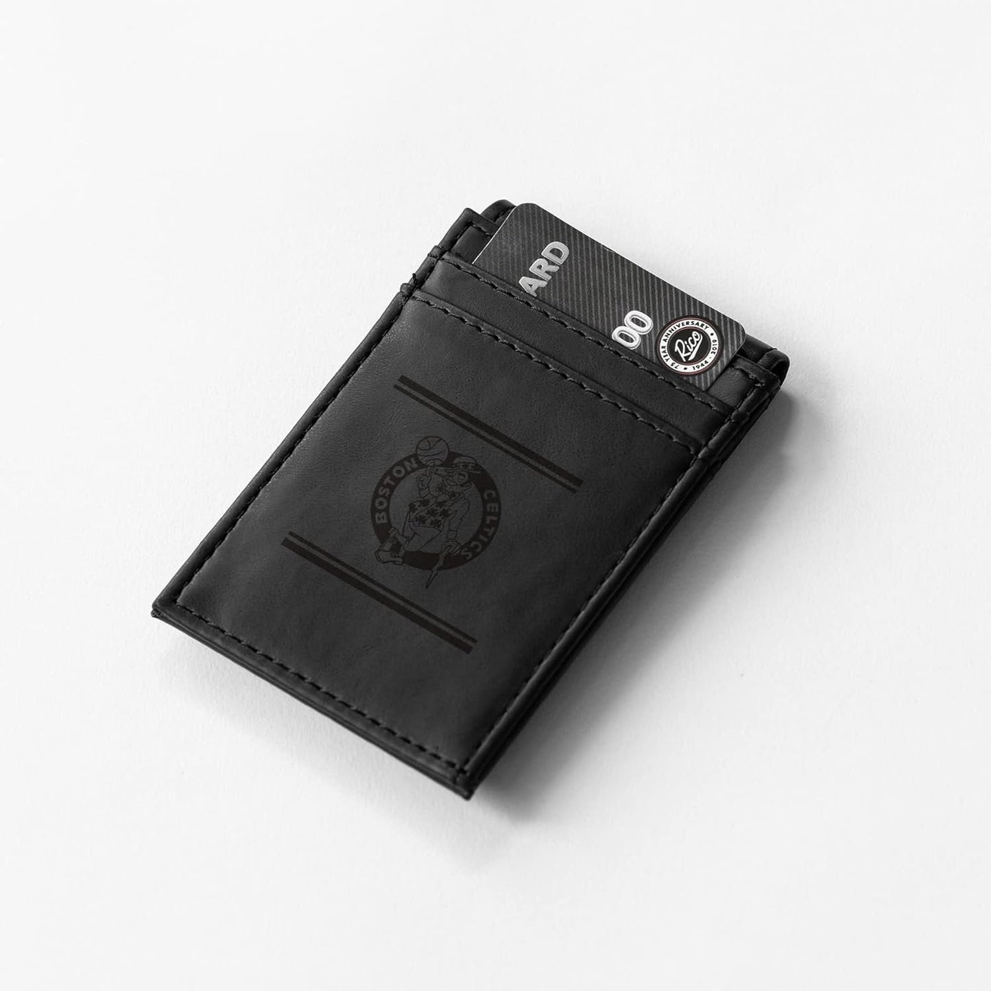 Boston Celtics Premium Black Leather Wallet, Front Pocket Magnetic Money Clip, Laser Engraved, Vegan