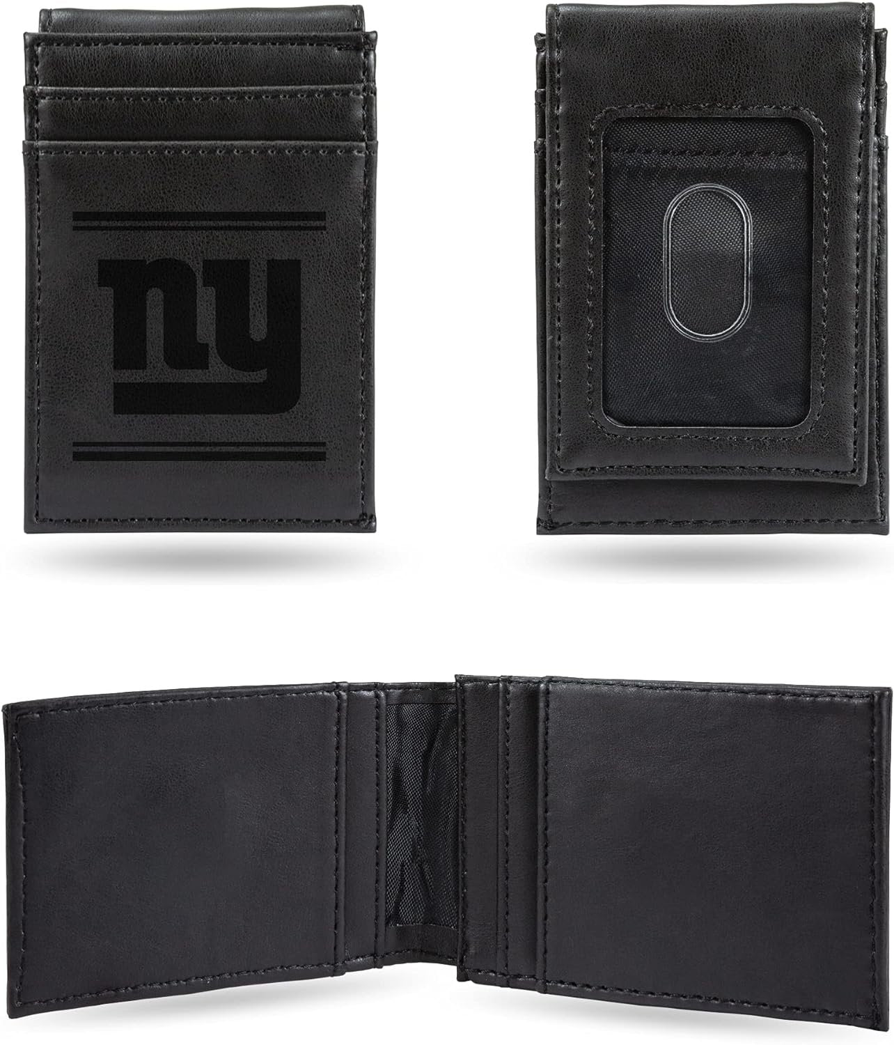 New York Giants Premium Black Leather Wallet, Front Pocket Magnetic Money Clip, Laser Engraved, Vegan