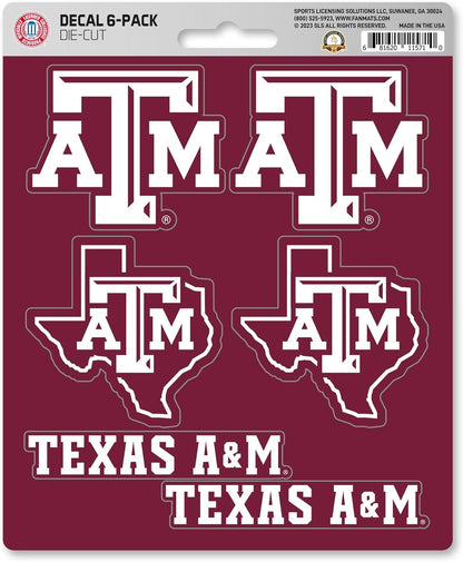 Texas A&M University Aggies 6-Piece Decal Sticker Set, 5x6 Inch Sheet, Gift for football fans for any hard surfaces around home, automotive, personal items