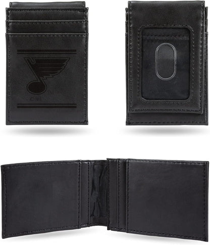 St Louis Blues Premium Black Leather Wallet, Front Pocket Magnetic Money Clip, Laser Engraved, Vegan