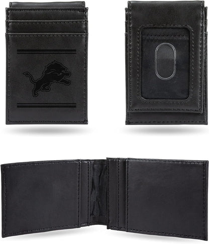 Detroit Lions Premium Black Leather Wallet, Front Pocket Magnetic Money Clip, Laser Engraved, Vegan
