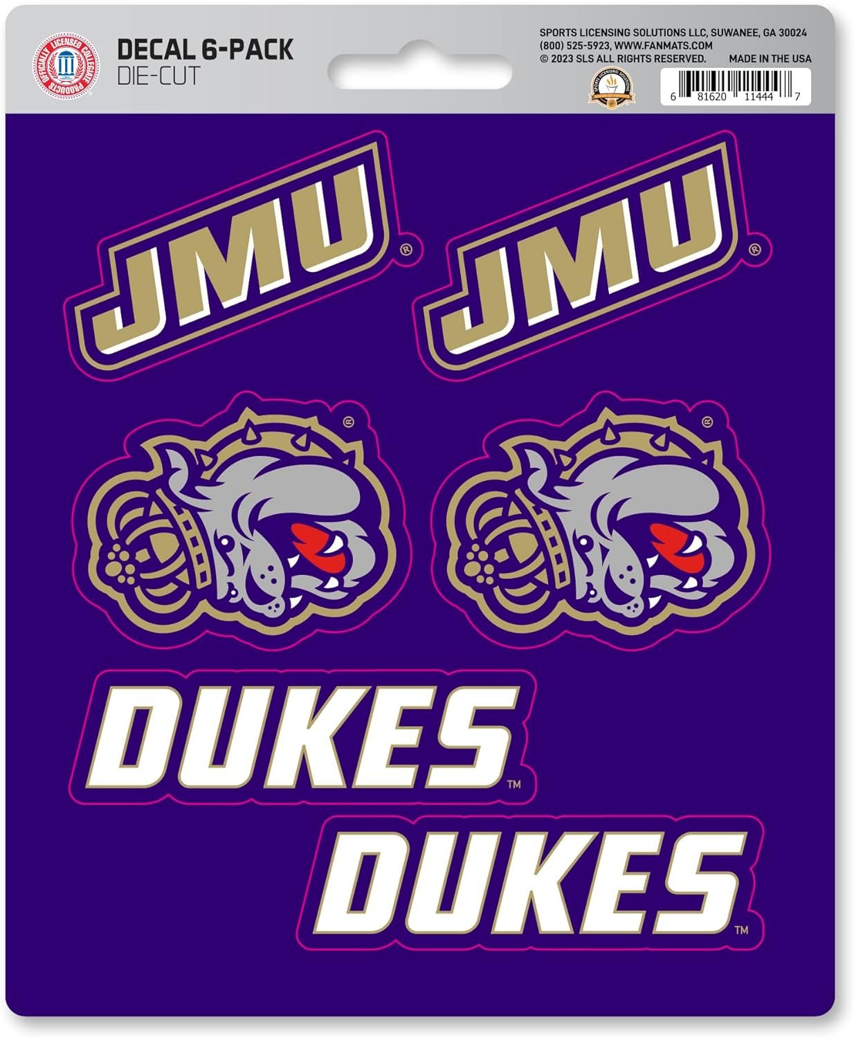 James Madison University Dukes 6-Piece Decal Sticker Set, 5x6 Inch Sheet, Gift for football fans for any hard surfaces around home, automotive, personal items