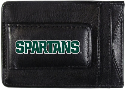 Michigan State University Spartans Black Leather Wallet, Front Pocket Magnetic Money Clip, Printed Logo