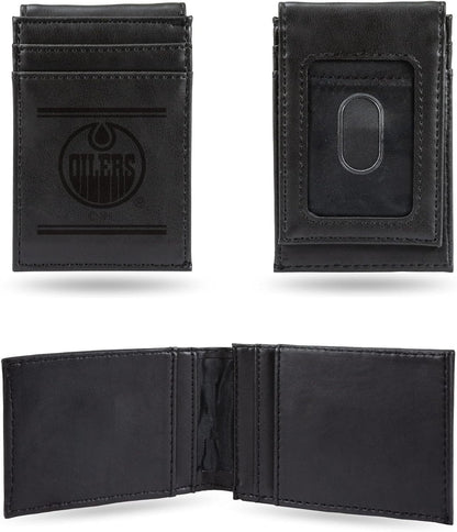 Edmonton Oilers Premium Black Leather Wallet, Front Pocket Magnetic Money Clip, Laser Engraved, Vegan