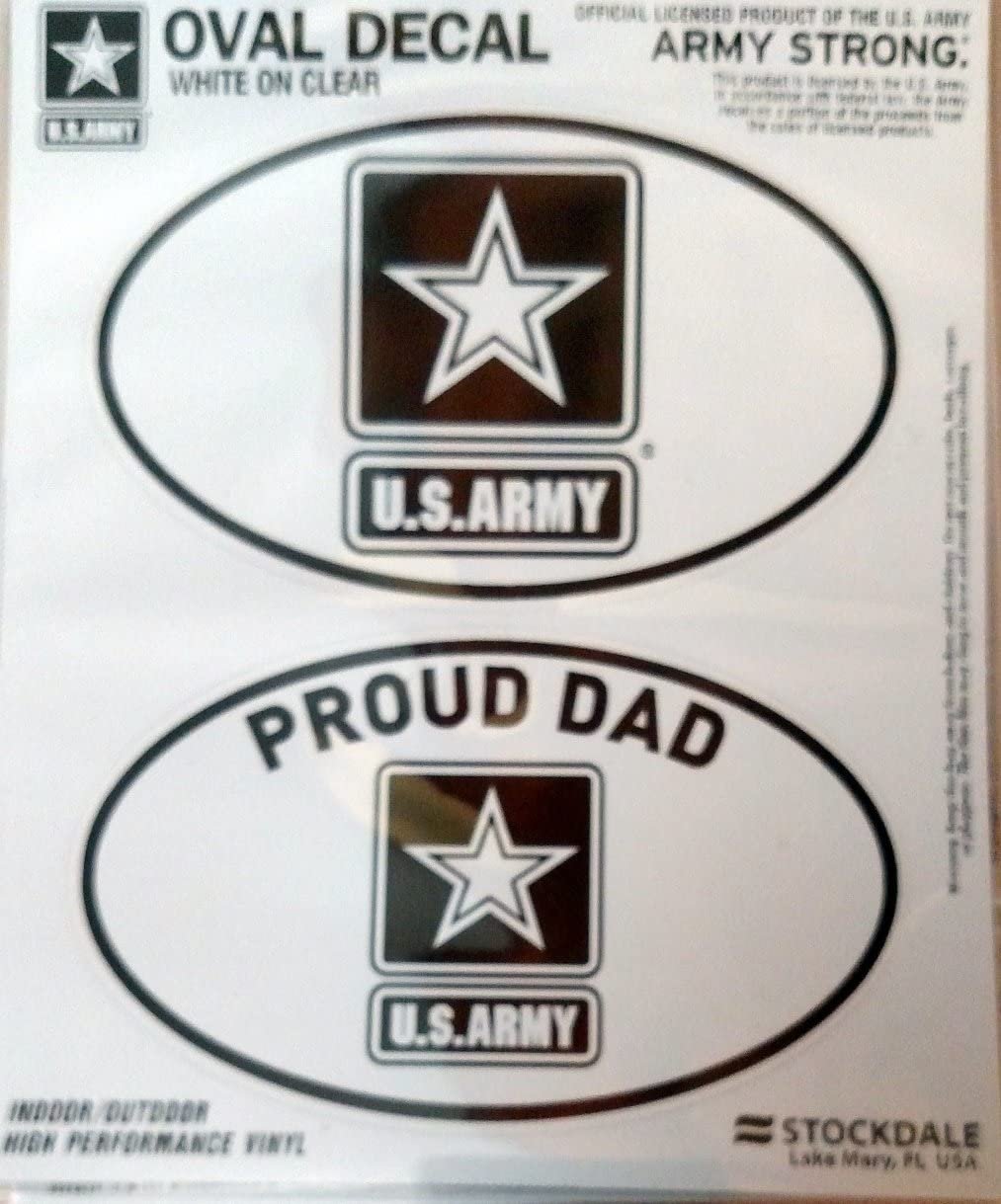 U.S. Army, Proud Dad, 2-Piece White and Clear Euro Decal Sticker Set, 4x2.5 Inch Each, United States Military