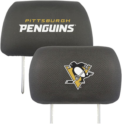 Pittsburgh Penguins Pair of Premium Auto Head Rest Covers, Embroidered, Black Elastic, 14x10 Inch