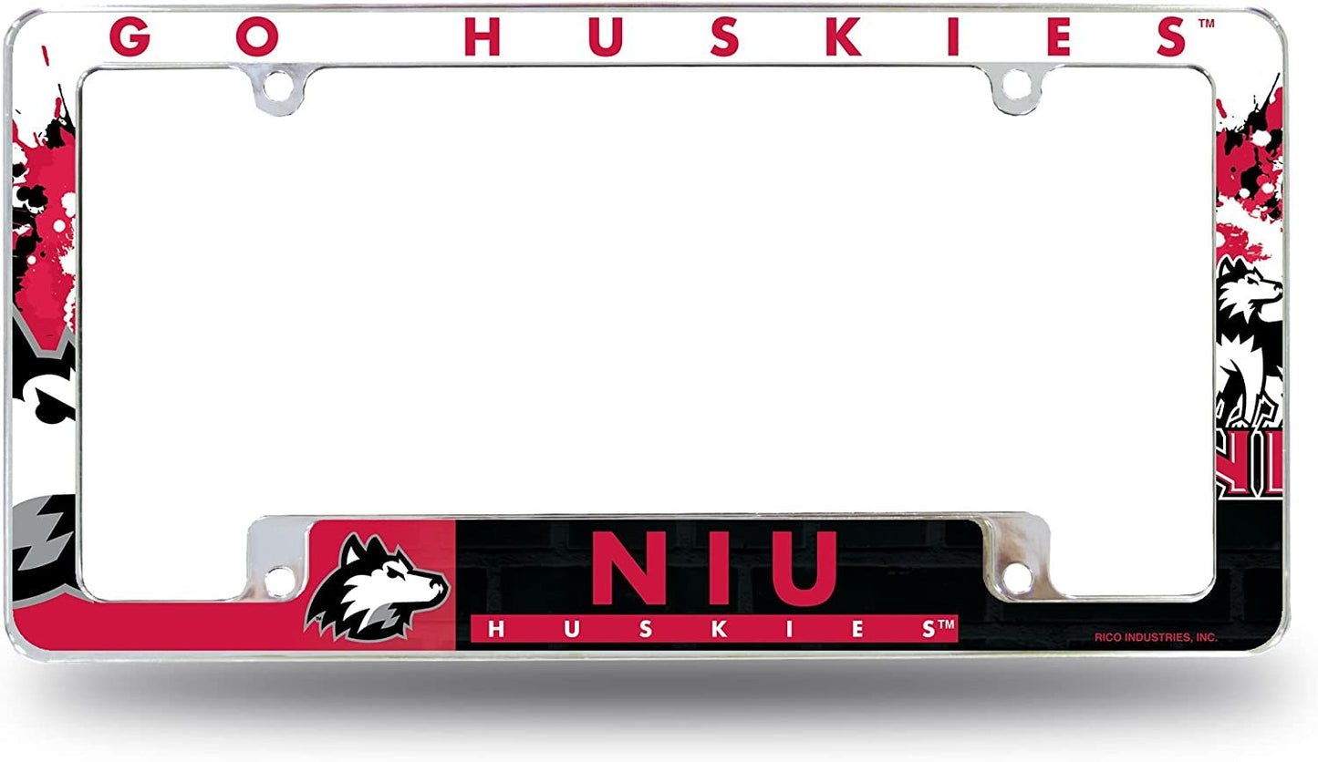University of Northern Illinois Huskies Metal License Plate Frame Chrome Tag Cover All Over Design 6x12 Inch
