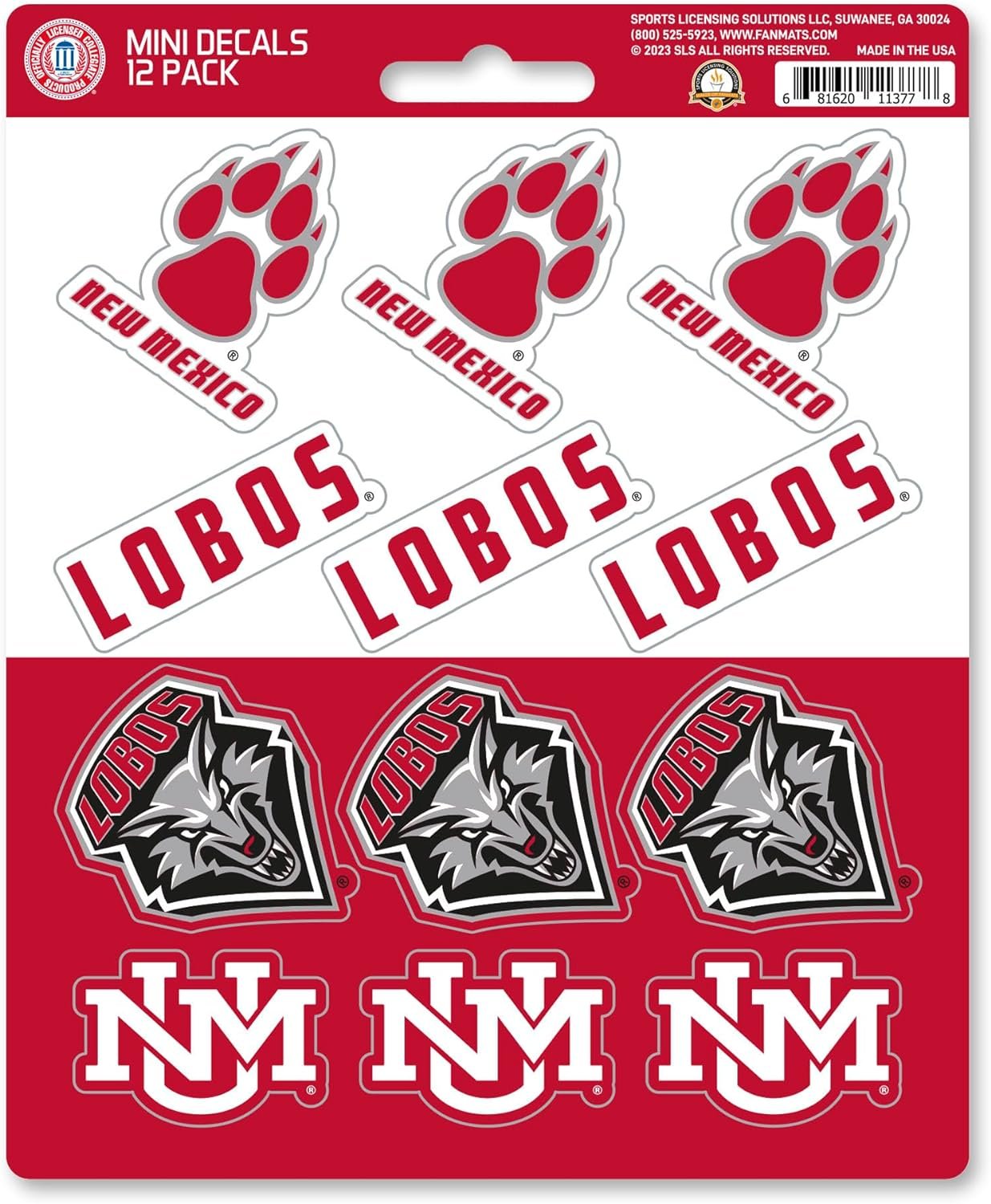 University of New Mexico Lobos 12-Piece Mini Decal Sticker Set, 5x6 Inch Sheet, Gift for football fans for any hard surfaces around home, automotive, personal items