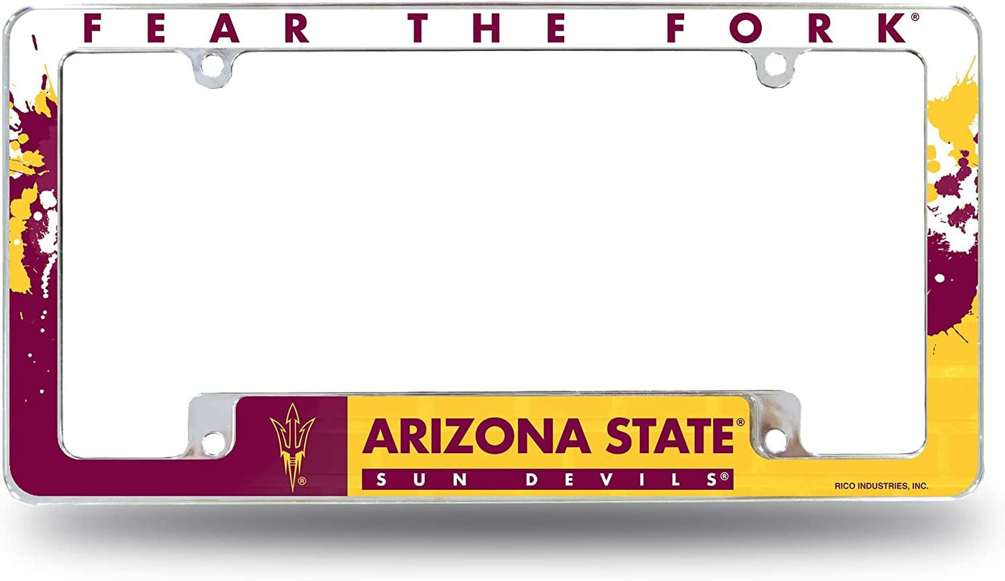 Arizona State Unversity Sun Devils Metal License Plate Frame Chrome Tag Cover All Over Design 6x12 Inch