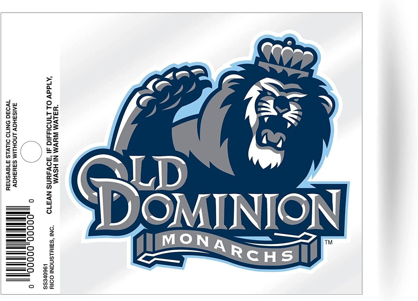Old Dominion University Monarchs 3 Inch Static Cling, Full Clear Adhesive Backing, Easy Peel and Stick Application, Removable and Reusable, Officially Licensed, Made in the USA