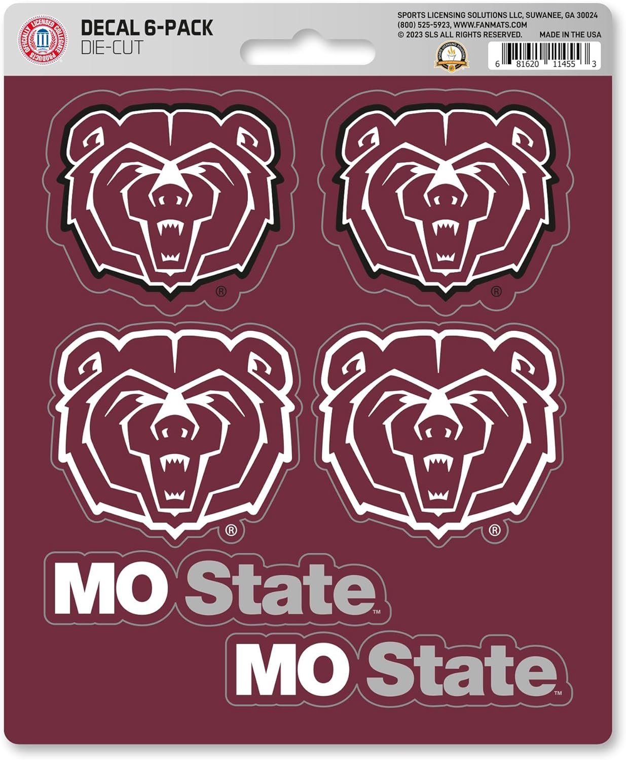 Missouri State University Bears 6-Piece Decal Sticker Set, 5x6 Inch Sheet, Gift for football fans for any hard surfaces around home, automotive, personal items