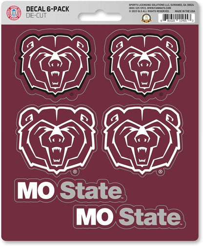 Missouri State University Bears 6-Piece Decal Sticker Set, 5x6 Inch Sheet, Gift for football fans for any hard surfaces around home, automotive, personal items