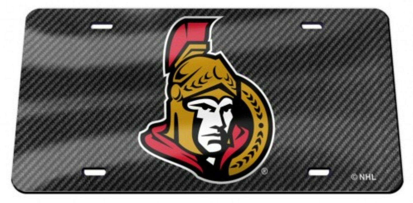 Ottawa Senators Premium Laser Cut Tag License Plate, Carbon Fiber Design, Mirrored Inlaid Acrylic, 12x6 Inch
