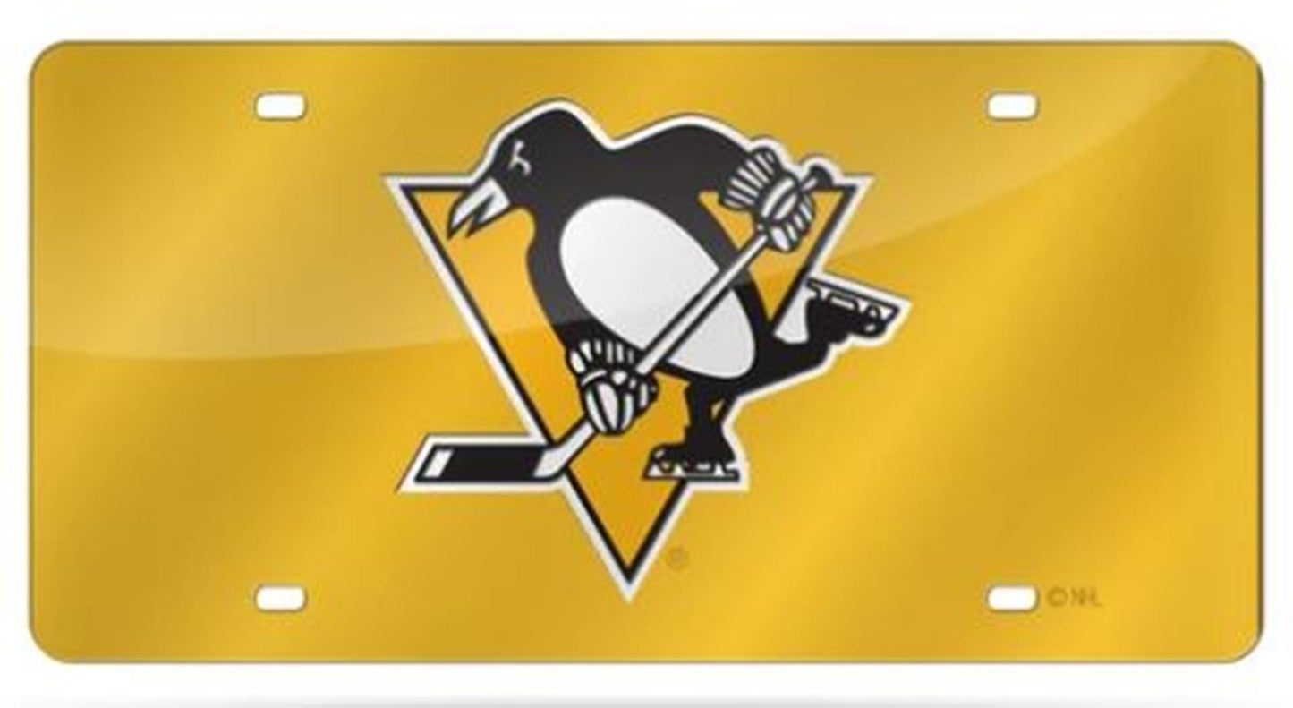 Pittsburgh Penguins Premium Laser Cut Tag License Plate, Yellow, Mirrored Acrylic Inlaid, 12x6 Inch