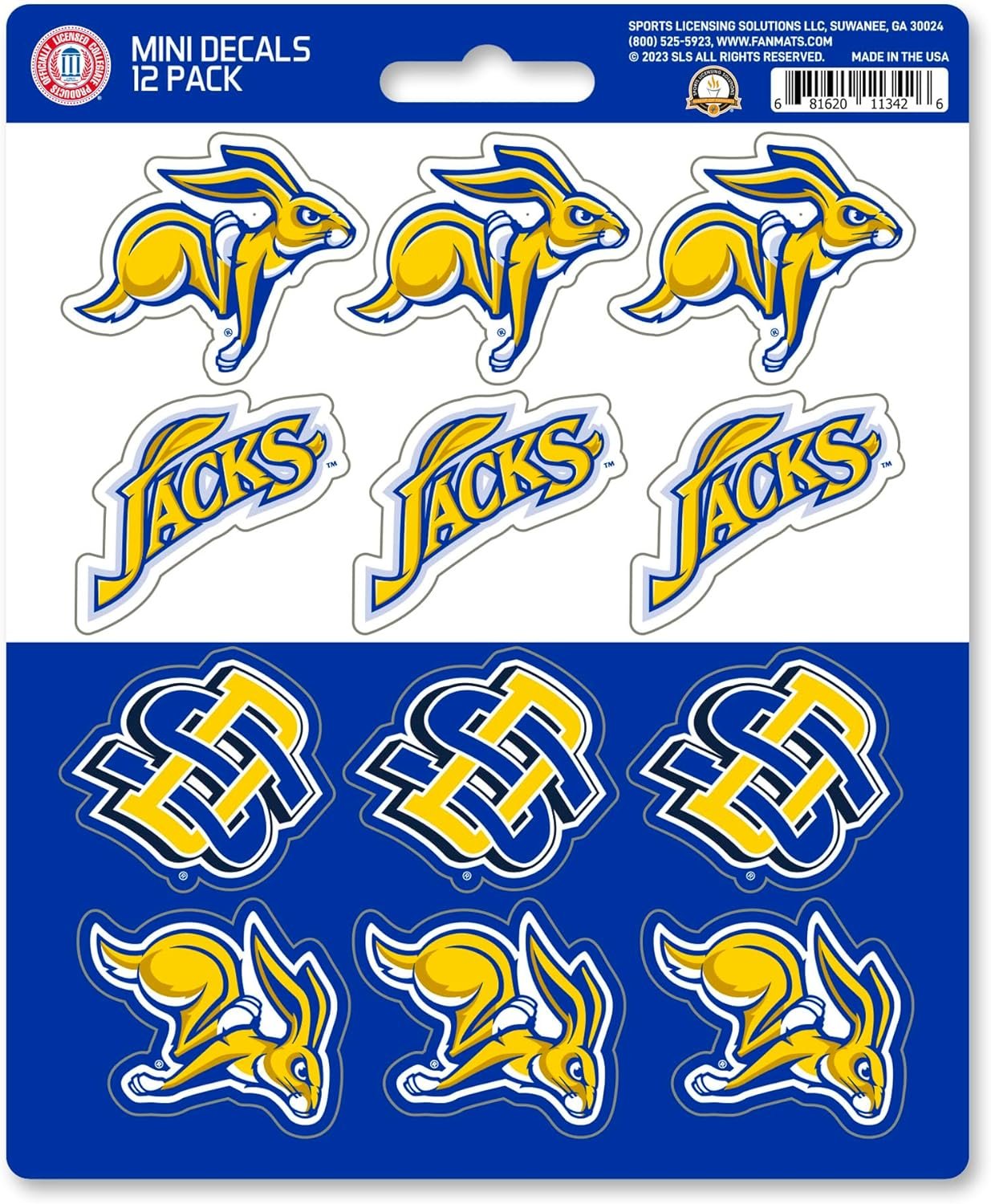 South Dakota State University Jackrabbits 12-Piece Mini Decal Sticker Set, 5x6 Inch Sheet, Gift for football fans for any hard surfaces around home, automotive, personal items