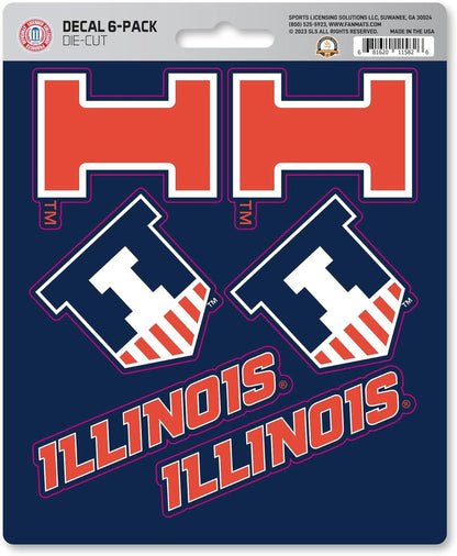 University of Illinois Illini 6-Piece Decal Sticker Set, 5x6 Inch Sheet, Gift for football fans for any hard surfaces around home, automotive, personal items