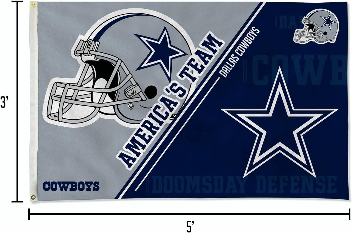 Dallas Cowboys 3x5 Feet Flag Banner, Split Design, Metal Grommets, Single Sided, Indoor or Outdoor Use