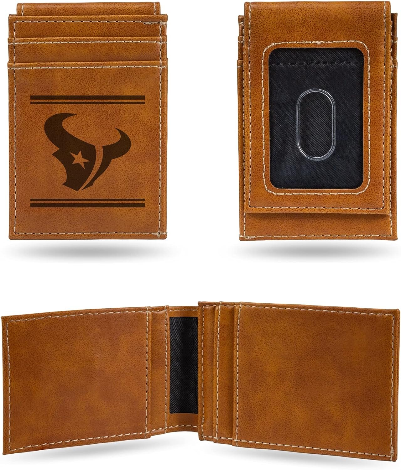 Houston Texans Premium Brown Leather Wallet, Front Pocket Magnetic Money Clip, Laser Engraved, Vegan
