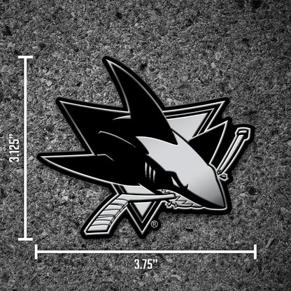San Jose Sharks Auto Emblem, Silver Chrome Color, Raised Molded Plastic, 3.5 Inch, Adhesive Tape Backing