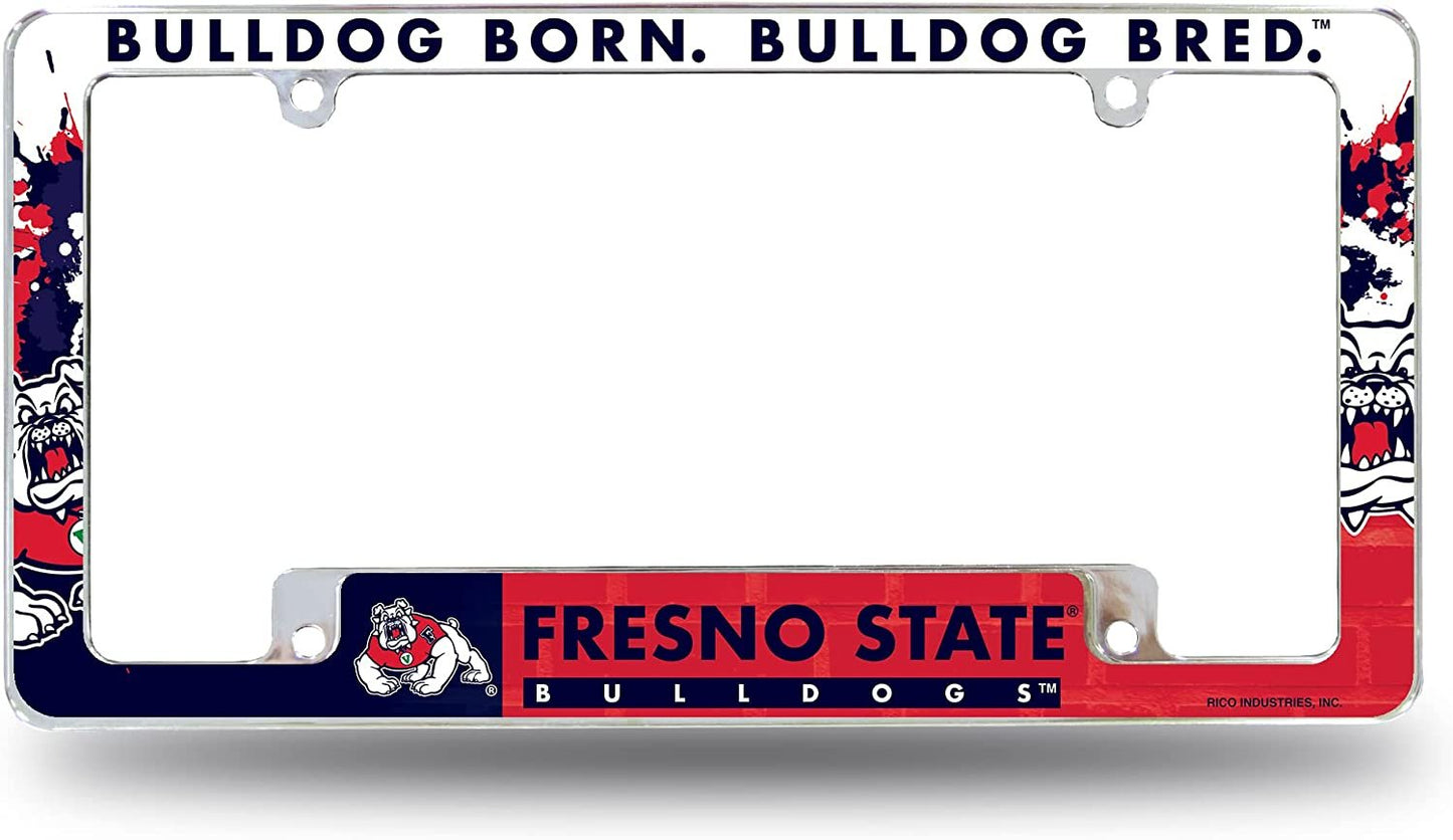 Fresno State University Bulldogs Metal License Plate Frame Chrome Tag Cover All Over Design 6x12 Inch