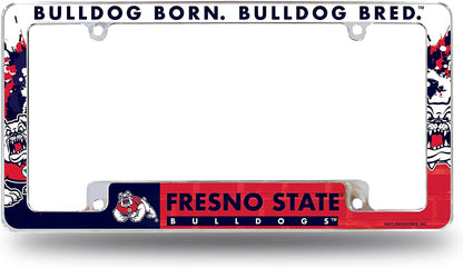 Fresno State University Bulldogs Metal License Plate Frame Chrome Tag Cover All Over Design 6x12 Inch