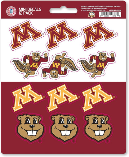 University of Minnesota Golden Gophers 12-Piece Mini Decal Sticker Set, 5x6 Inch Sheet, Gift for football fans for any hard surfaces around home, automotive, personal items