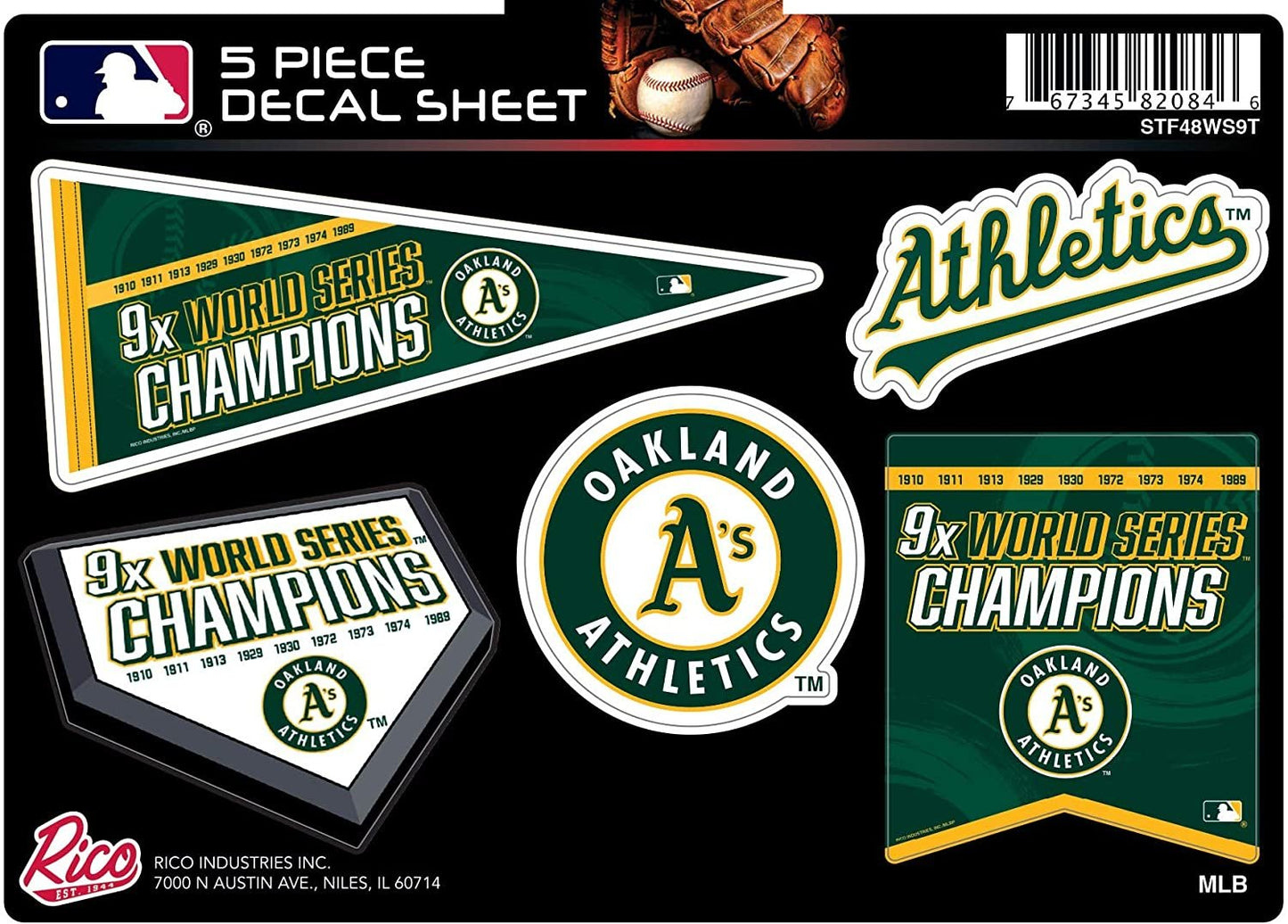 Oakland Athletics A's Decal Sticker 9X Time Champions 5 Piece Multi Sheet Flat Vinyl Emblem World Series Baseball