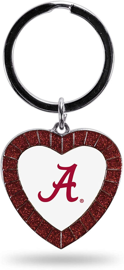 University of Alabama Crimson Tide Metal Keychain, Rhinestone Heart Team Color, 3 Inch