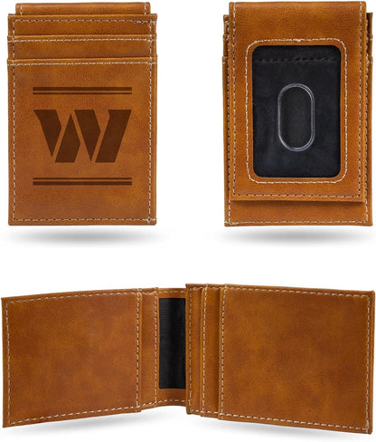 Washington Commanders Premium Brown Leather Wallet, Front Pocket Magnetic Money Clip, Laser Engraved, Vegan