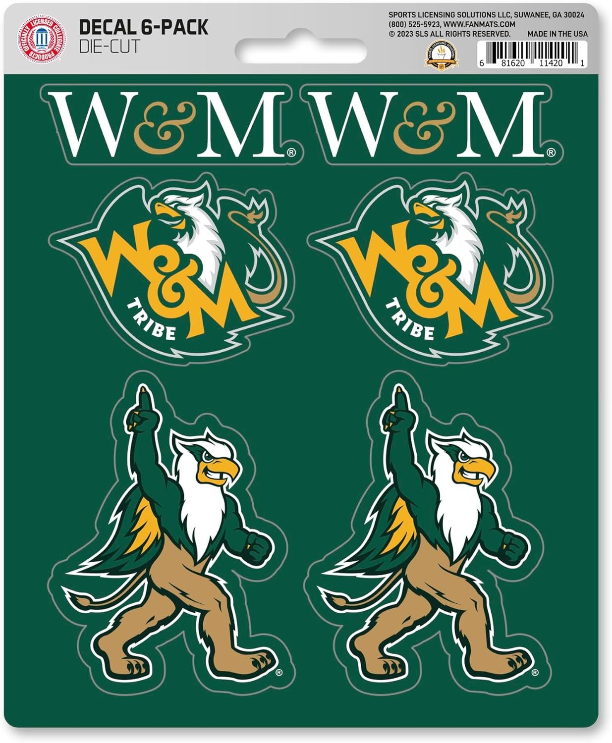 College of William & Mary Tribe 6-Piece Decal Sticker Set, 5x6 Inch Sheet, Gift for football fans for any hard surfaces around home, automotive, personal items