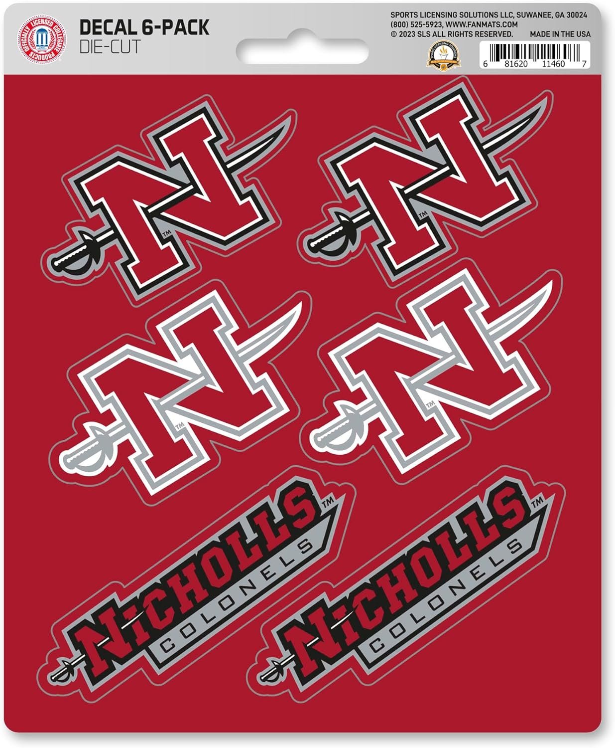 Nicholls State University Colonels 6-Piece Decal Sticker Set, 5x6 Inch Sheet, Gift for football fans for any hard surfaces around home, automotive, personal items