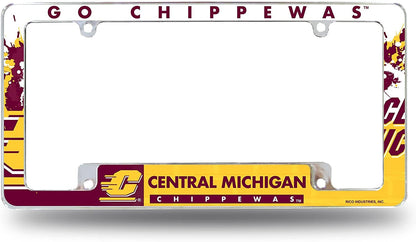 Central Michigan University Chippewas Metal License Plate Frame Tag Cover, All Over Design, 12x6 Inch
