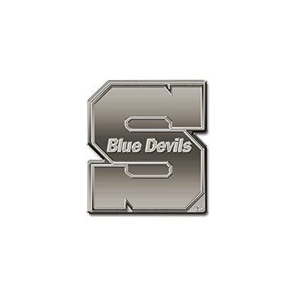 University of Wisconsin Stout Blue Devils Solid Metal Auto Emblem, Antique Nickel Finish, Raised, Die Cut, 3.5 Inch, Adhesive Tape Backing