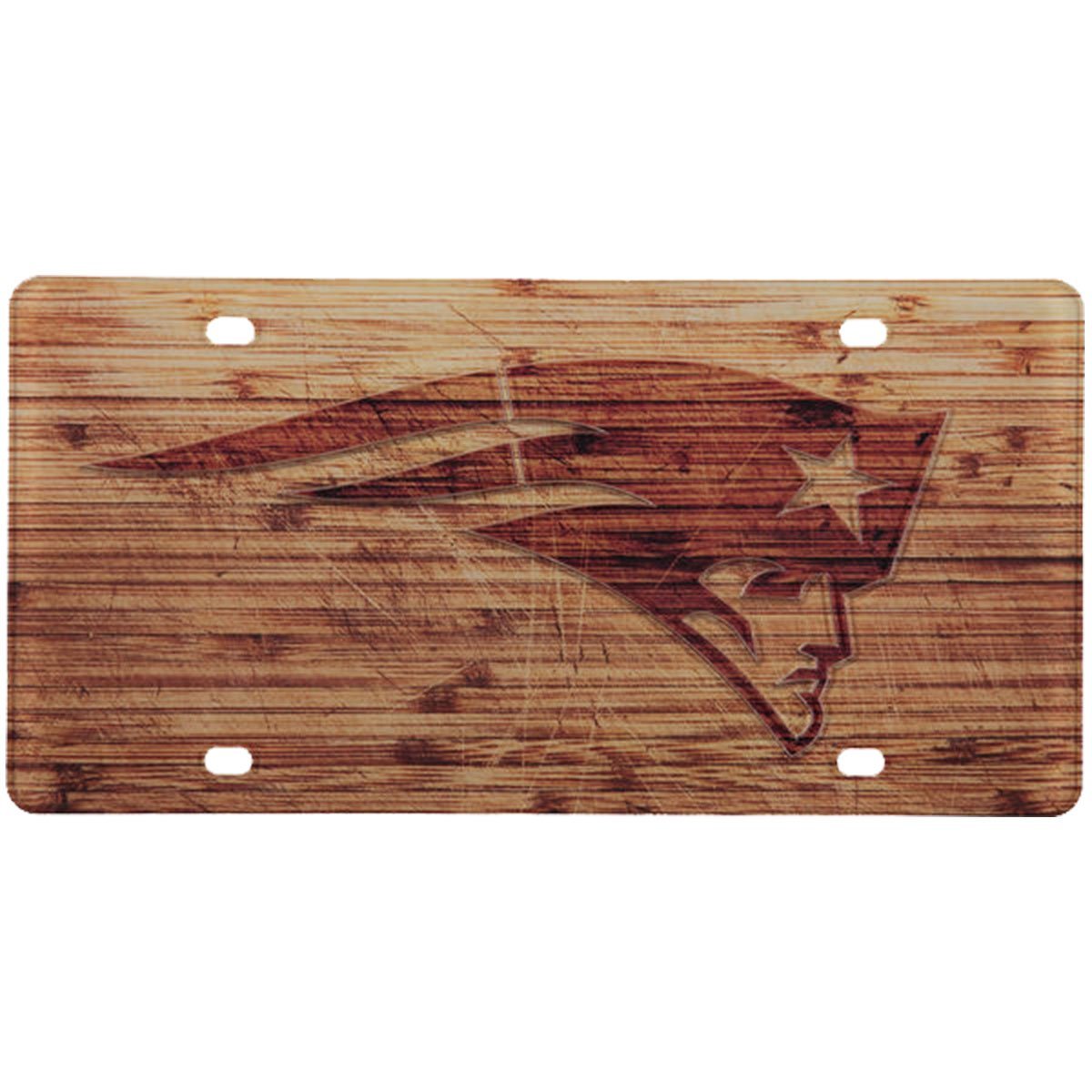 New England Patriots Laser Cut Acrylic Inlaid License Plate Tag, Woodgrain Style, 12x6 Inch