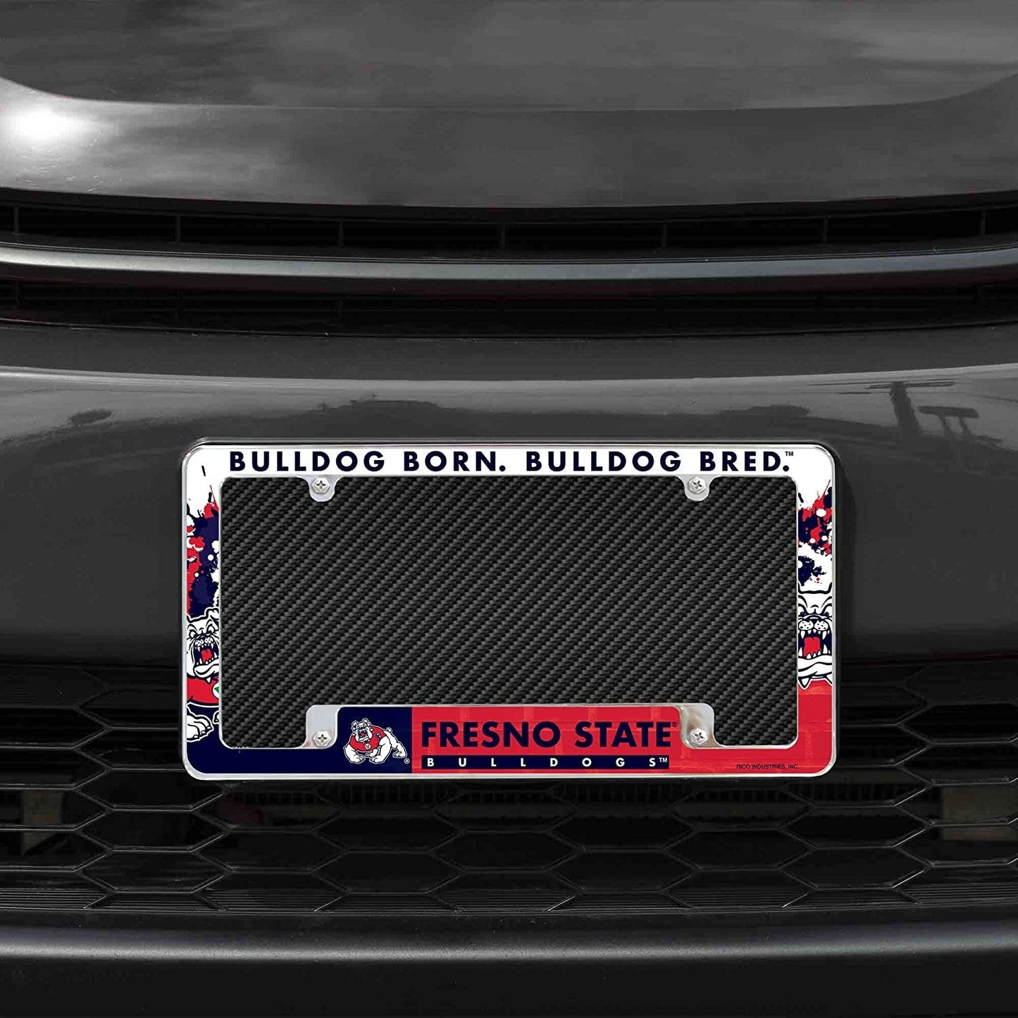 Fresno State University Bulldogs Metal License Plate Frame Chrome Tag Cover All Over Design 6x12 Inch