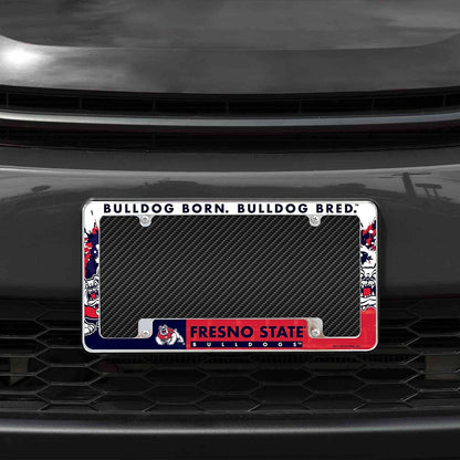 Fresno State University Bulldogs Metal License Plate Frame Chrome Tag Cover All Over Design 6x12 Inch