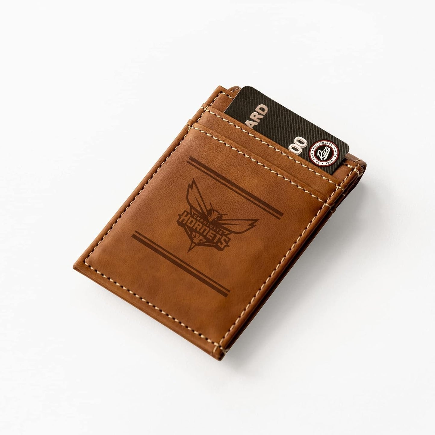 Charlotte Hornets Premium Brown Leather Wallet, Front Pocket Magnetic Money Clip, Laser Engraved, Vegan