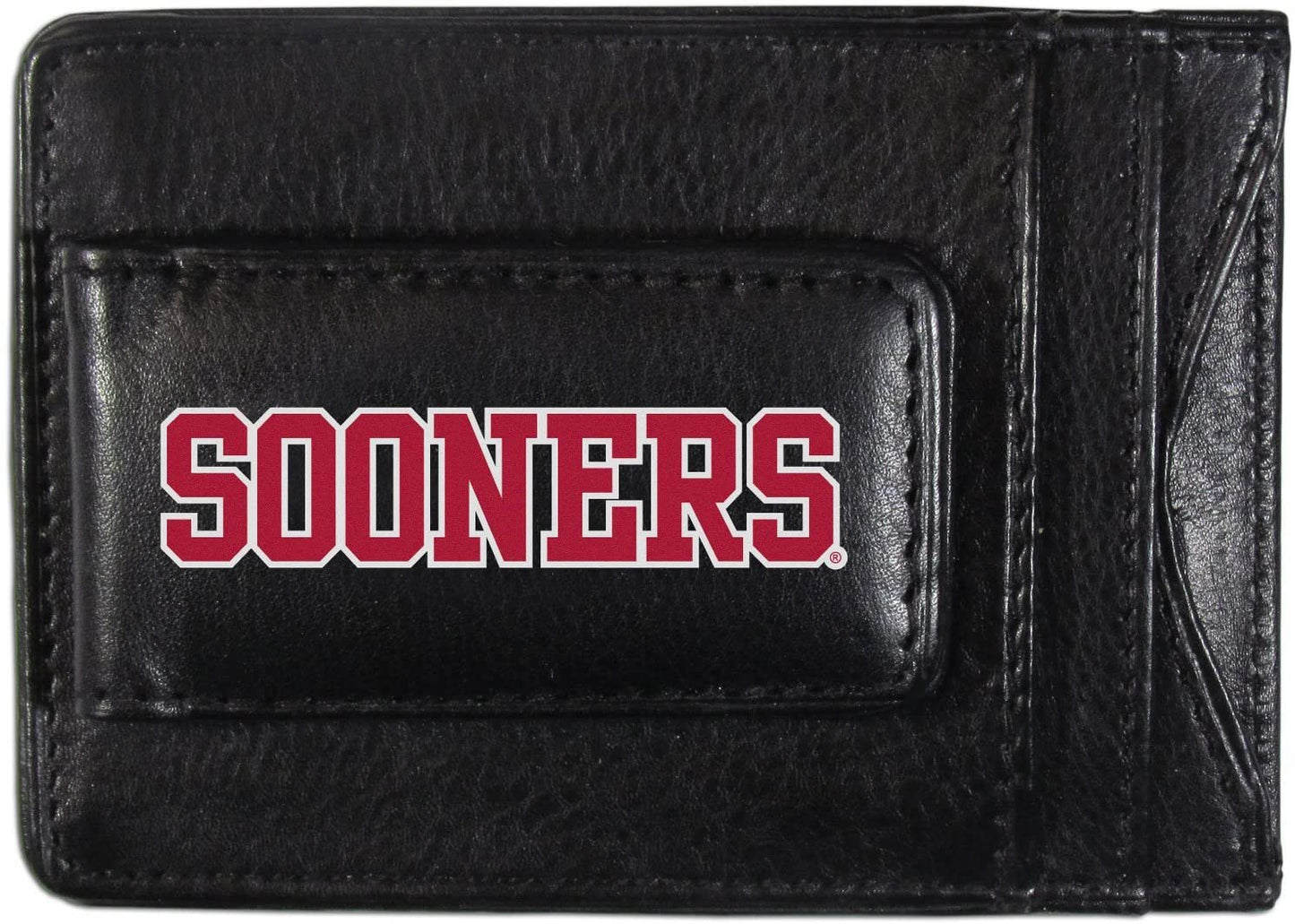 University of Oklahoma Sooners Black Leather Wallet, Front Pocket Magnetic Money Clip, Printed Logo