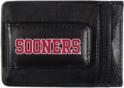 University of Oklahoma Sooners Black Leather Wallet, Front Pocket Magnetic Money Clip, Printed Logo