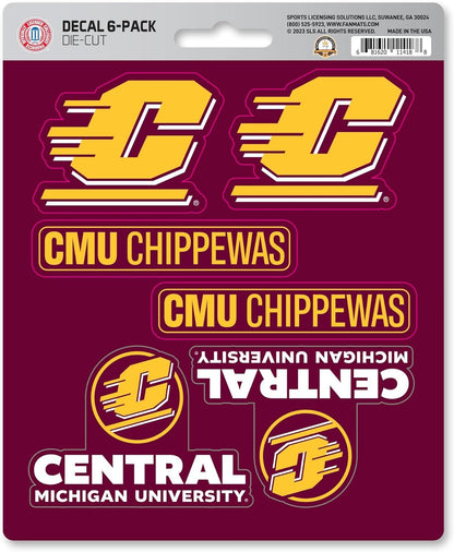 Central Michigan University Chippewas 6-Piece Decal Sticker Set, 5x6 Inch Sheet, Gift for football fans for any hard surfaces around home, automotive, personal items