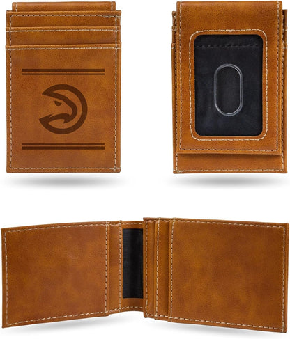 Atlanta Hawks Premium Brown Leather Wallet, Front Pocket Magnetic Money Clip, Laser Engraved, Vegan
