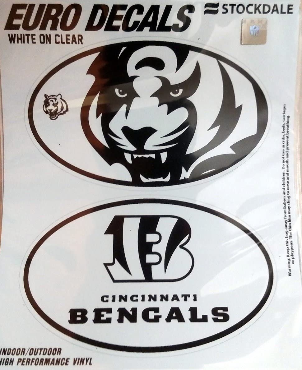Cincinnati Bengals 2-Piece White and Clear Euro Decal Sticker Set, 4x2.5 Inch Each