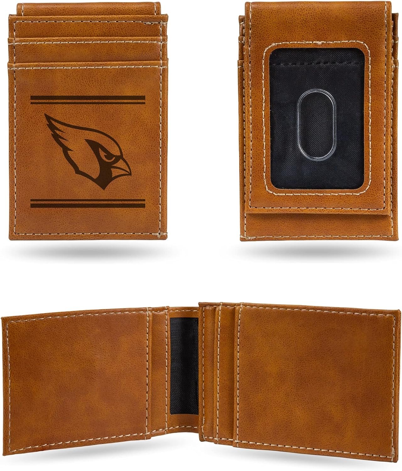 Arizona Cardinals Premium Brown Leather Wallet, Front Pocket Magnetic Money Clip, Laser Engraved, Vegan