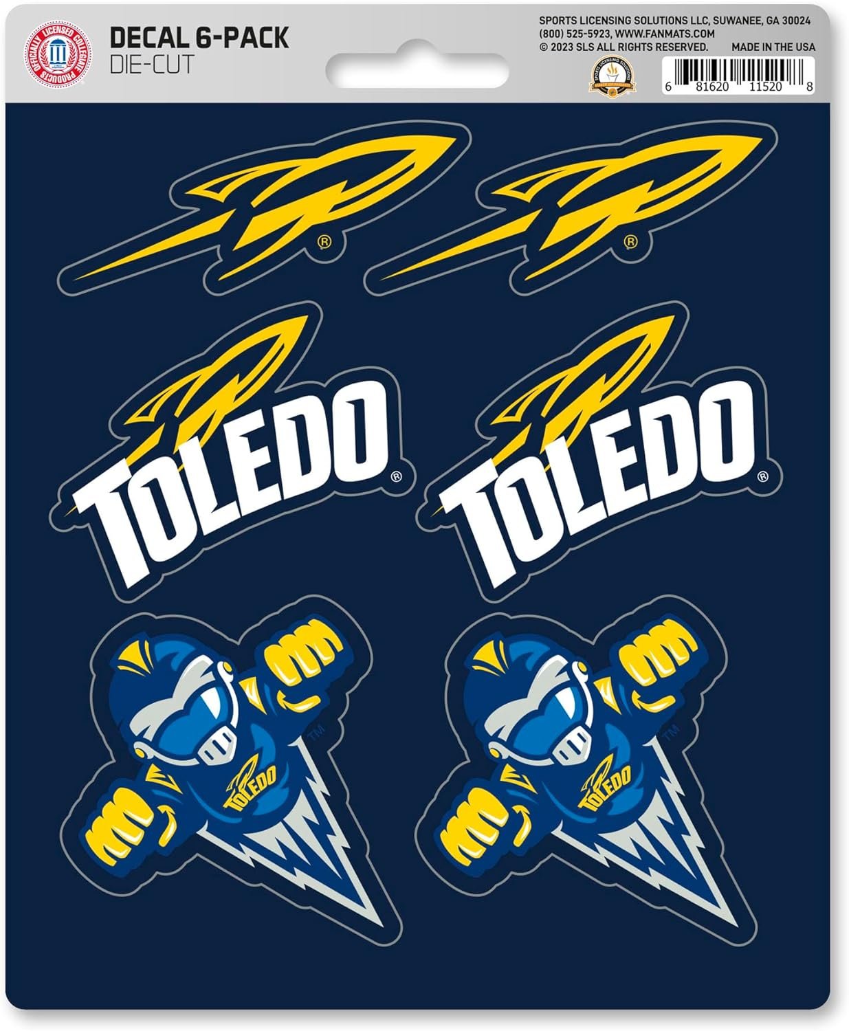 University of Toledo Rockets 6-Piece Decal Sticker Set, 5x6 Inch Sheet, Gift for football fans for any hard surfaces around home, automotive, personal items