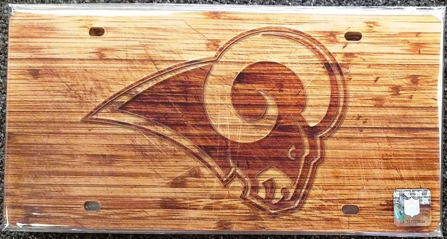 Los Angeles Rams Premium Laser Cut Tag License Plate, Woodgrain Design, Mirrored Acrylic Inlaid, 6x12 Inch