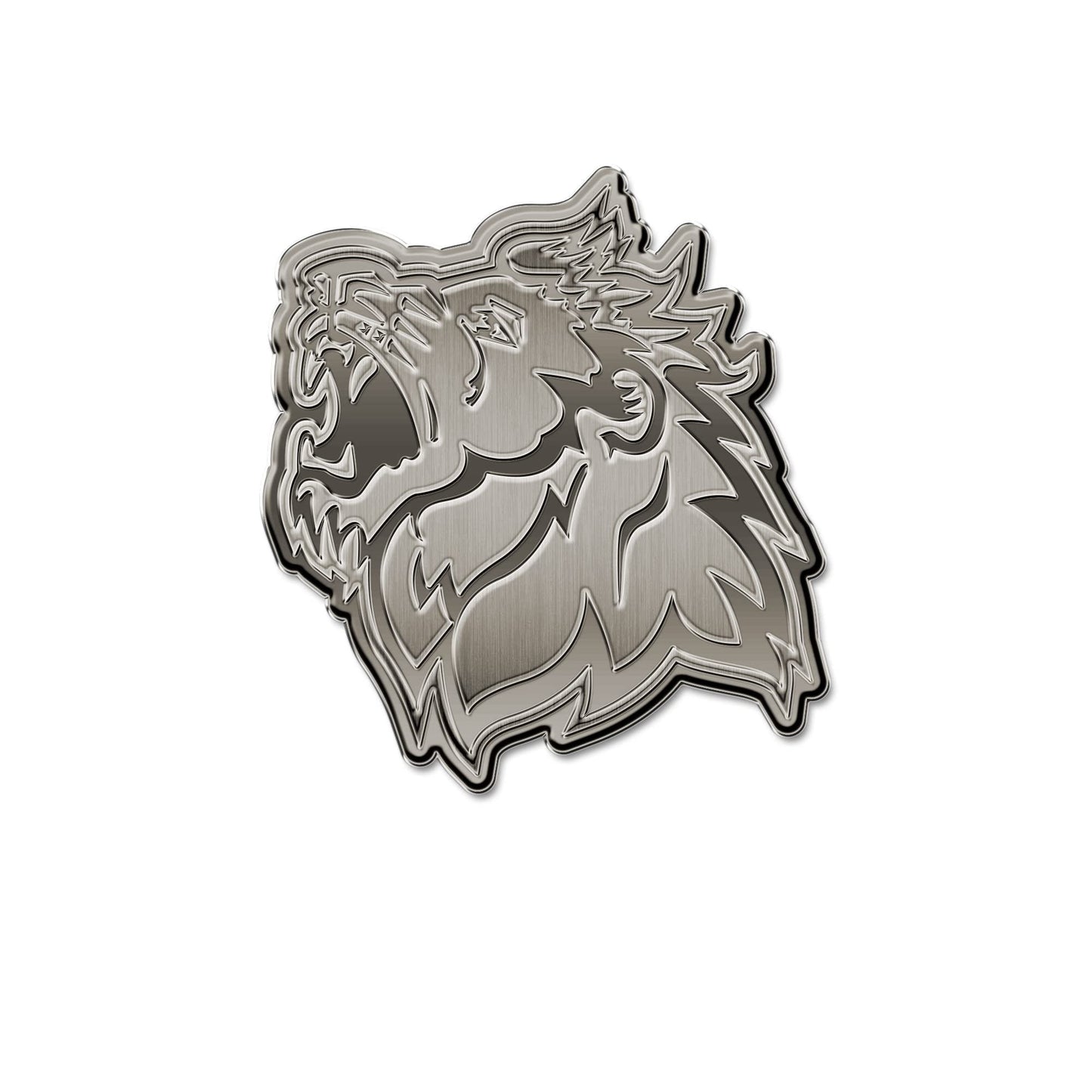 Missouri Southern State University Lions Solid Metal Auto Emblem, Antique Nickel Finish, Raised, Die Cut, 3.5 Inch, Adhesive Tape Backing