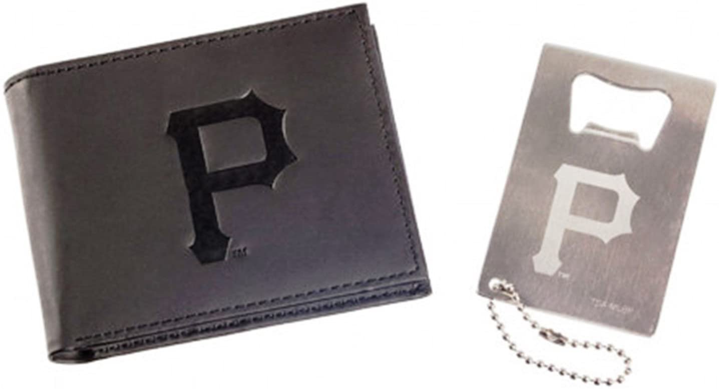 Pittsburgh Pirates Black Vegan Leather Bifold Wallet and Bottle Opener Keychain Gift Set