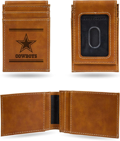 Dallas Cowboys Premium Brown Leather Wallet, Front Pocket Magnetic Money Clip, Laser Engraved, Vegan